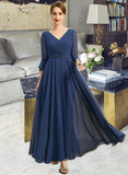 Edith A-line V-Neck Ankle-Length Chiffon Mother of the Bride Dress With Beading Pleated Sequins UKP0021745