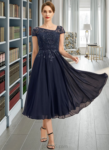 Larissa A-line Asymmetrical Tea-Length Chiffon Lace Mother of the Bride Dress With Sequins UKP0021750