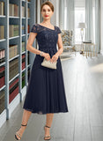 Larissa A-line Asymmetrical Tea-Length Chiffon Lace Mother of the Bride Dress With Sequins UKP0021750