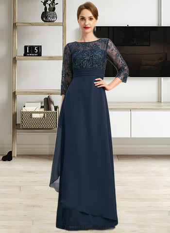 Leanna A-line Scoop Illusion Floor-Length Chiffon Lace Mother of the Bride Dress With Pleated Sequins UKP0021754