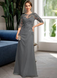 Kayley Sheath/Column Scoop Illusion Floor-Length Chiffon Lace Mother of the Bride Dress With Pleated Sequins UKP0021757