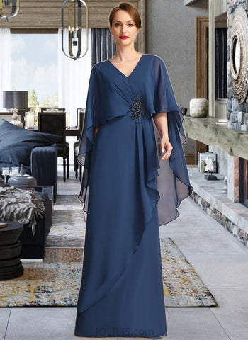 Ruth A-line V-Neck Floor-Length Chiffon Mother of the Bride Dress With Beading Cascading Ruffles UKP0021766