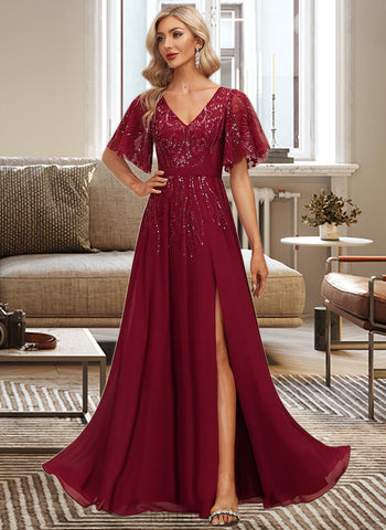 Yvonne A-line V-Neck Floor-Length Chiffon Lace Mother of the Bride Dress With Sequins UKP0021767