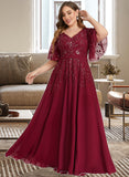 Yvonne A-line V-Neck Floor-Length Chiffon Lace Mother of the Bride Dress With Sequins UKP0021767