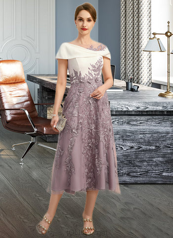 Blanche A-line Scoop Tea-Length Chiffon Lace Mother of the Bride Dress With Sequins UKP0021773