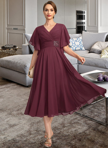 Monique A-line V-Neck Tea-Length Chiffon Mother of the Bride Dress With Beading Pleated UKP0021774