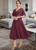 Monique A-line V-Neck Tea-Length Chiffon Mother of the Bride Dress With Beading Pleated UKP0021774