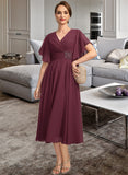 Monique A-line V-Neck Tea-Length Chiffon Mother of the Bride Dress With Beading Pleated UKP0021774