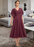 Monique A-line V-Neck Tea-Length Chiffon Mother of the Bride Dress With Beading Pleated UKP0021774