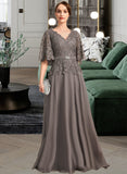 Jazlene A-line V-Neck Floor-Length Chiffon Lace Mother of the Bride Dress With Rhinestone Crystal Brooch UKP0021782