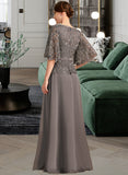 Jazlene A-line V-Neck Floor-Length Chiffon Lace Mother of the Bride Dress With Rhinestone Crystal Brooch UKP0021782