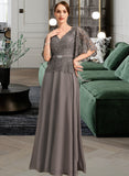 Jazlene A-line V-Neck Floor-Length Chiffon Lace Mother of the Bride Dress With Rhinestone Crystal Brooch UKP0021782