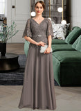 Jazlene A-line V-Neck Floor-Length Chiffon Lace Mother of the Bride Dress With Rhinestone Crystal Brooch UKP0021782