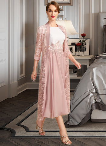 Amaya A-line Scoop Tea-Length Chiffon Mother of the Bride Dress With Appliques Lace Sequins UKP0021785