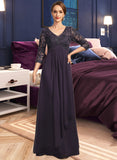 Jess A-line V-Neck Floor-Length Chiffon Lace Mother of the Bride Dress With Cascading Ruffles Sequins UKP0021796