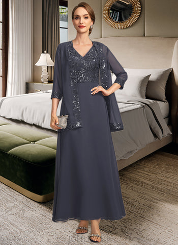 Alivia A-line V-Neck Ankle-Length Chiffon Lace Sequin Mother of the Bride Dress UKP0021798