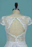 A Line Wedding Dresses Sexy Open Back Scoop Cap Sleeves Elastic Satin & Lace