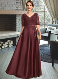 Delilah A-line V-Neck Floor-Length Lace Satin Mother of the Bride Dress With Sequins UKP0021803