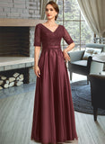 Delilah A-line V-Neck Floor-Length Lace Satin Mother of the Bride Dress With Sequins UKP0021803