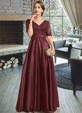 Delilah A-line V-Neck Floor-Length Lace Satin Mother of the Bride Dress With Sequins UKP0021803