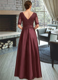 Delilah A-line V-Neck Floor-Length Lace Satin Mother of the Bride Dress With Sequins UKP0021803