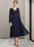 Sherry A-line V-Neck Tea-Length Chiffon Mother of the Bride Dress With Beading Pleated UKP0021804