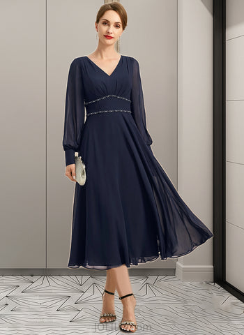 Sherry A-line V-Neck Tea-Length Chiffon Mother of the Bride Dress With Beading Pleated UKP0021804