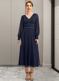 Sherry A-line V-Neck Tea-Length Chiffon Mother of the Bride Dress With Beading Pleated UKP0021804