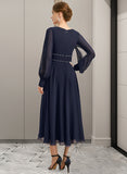 Sherry A-line V-Neck Tea-Length Chiffon Mother of the Bride Dress With Beading Pleated UKP0021804