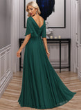 Jamie A-line V-Neck Floor-Length Chiffon Mother of the Bride Dress With Pleated Appliques Lace Sequins UKP0021807