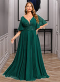 Jamie A-line V-Neck Floor-Length Chiffon Mother of the Bride Dress With Pleated Appliques Lace Sequins UKP0021807