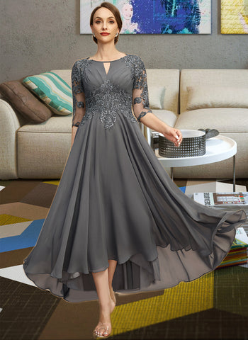 Bethany A-line Scoop Asymmetrical Chiffon Lace Mother of the Bride Dress With Pleated Sequins UKP0021812