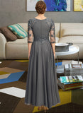 Bethany A-line Scoop Asymmetrical Chiffon Lace Mother of the Bride Dress With Pleated Sequins UKP0021812