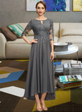 Bethany A-line Scoop Asymmetrical Chiffon Lace Mother of the Bride Dress With Pleated Sequins UKP0021812