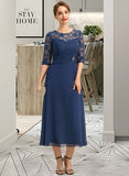 Anahi A-line Scoop Illusion Tea-Length Chiffon Lace Mother of the Bride Dress With Beading UKP0021826