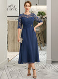 Anahi A-line Scoop Illusion Tea-Length Chiffon Lace Mother of the Bride Dress With Beading UKP0021826