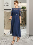 Anahi A-line Scoop Illusion Tea-Length Chiffon Lace Mother of the Bride Dress With Beading UKP0021826