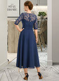 Anahi A-line Scoop Illusion Tea-Length Chiffon Lace Mother of the Bride Dress With Beading UKP0021826