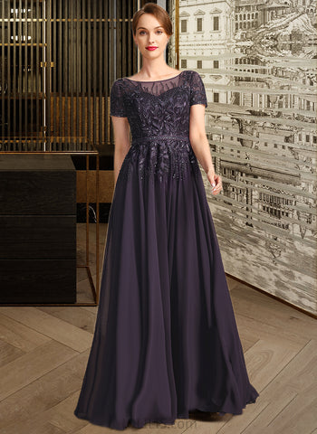 Madison A-line Scoop Illusion Floor-Length Chiffon Lace Mother of the Bride Dress With Sequins UKP0021828