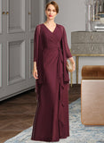 Esperanza Sheath/Column V-Neck Floor-Length Chiffon Mother of the Bride Dress With Beading Cascading Ruffles UKP0021835