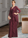 Esperanza Sheath/Column V-Neck Floor-Length Chiffon Mother of the Bride Dress With Beading Cascading Ruffles UKP0021835