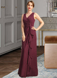 Esperanza Sheath/Column V-Neck Floor-Length Chiffon Mother of the Bride Dress With Beading Cascading Ruffles UKP0021835