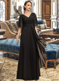 Dulce A-line V-Neck Floor-Length Chiffon Mother of the Bride Dress With Beading Cascading Ruffles Sequins UKP0021836