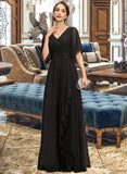 Dulce A-line V-Neck Floor-Length Chiffon Mother of the Bride Dress With Beading Cascading Ruffles Sequins UKP0021836