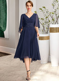 Clarissa A-line V-Neck Asymmetrical Chiffon Mother of the Bride Dress With Pleated Appliques Lace UKP0021845