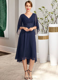 Clarissa A-line V-Neck Asymmetrical Chiffon Mother of the Bride Dress With Pleated Appliques Lace UKP0021845