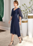 Clarissa A-line V-Neck Asymmetrical Chiffon Mother of the Bride Dress With Pleated Appliques Lace UKP0021845