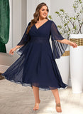 Clarissa A-line V-Neck Asymmetrical Chiffon Mother of the Bride Dress With Pleated Appliques Lace UKP0021845