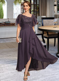 Elizabeth A-line Asymmetrical Asymmetrical Chiffon Lace Mother of the Bride Dress With Cascading Ruffles Sequins UKP0021846