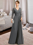 Jaslene A-line V-Neck Floor-Length Chiffon Lace Mother of the Bride Dress With Pleated UKP0021850